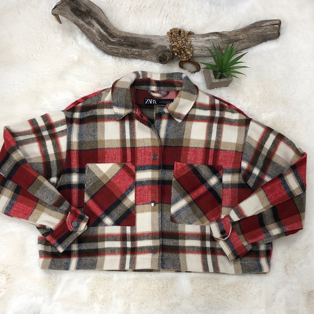 ZARA Red White Black Blue Crop Short Shacket Jacket Shirt Oversized